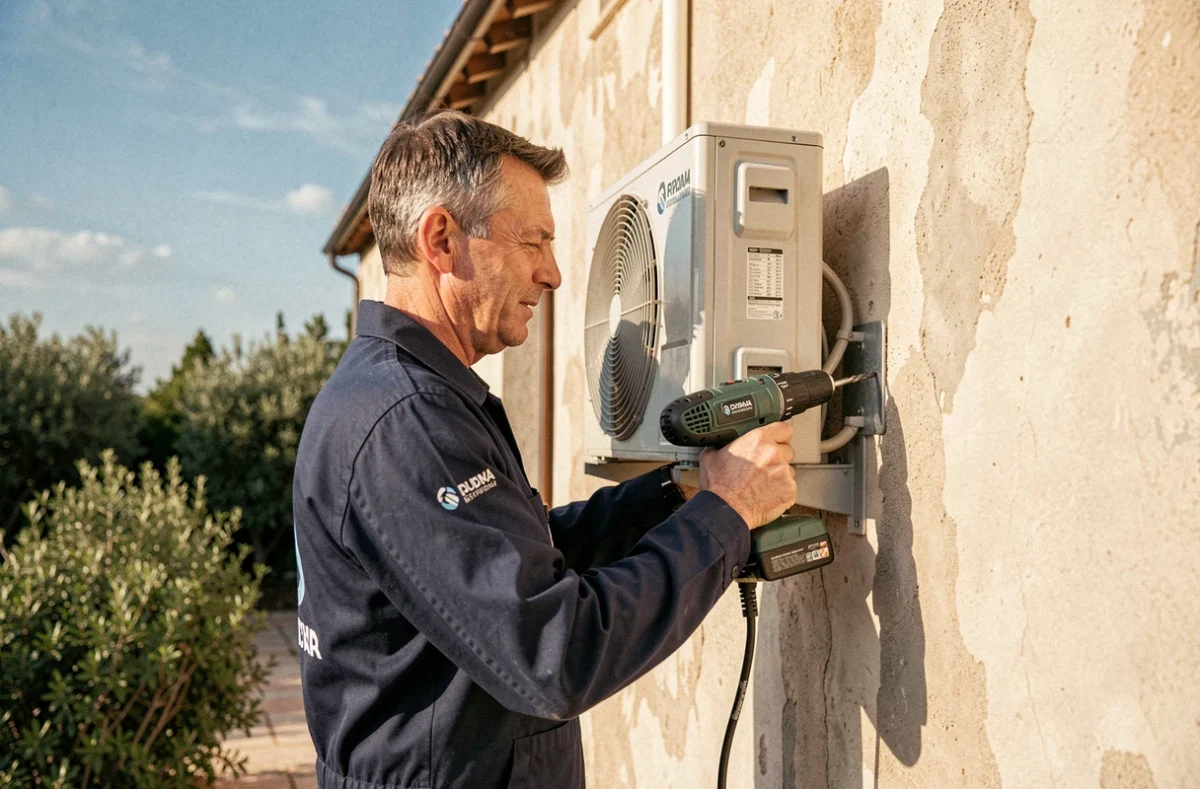 Technicien AB Clim Sud fixant un compresseur de climatisation sur une villa méditerranéenne