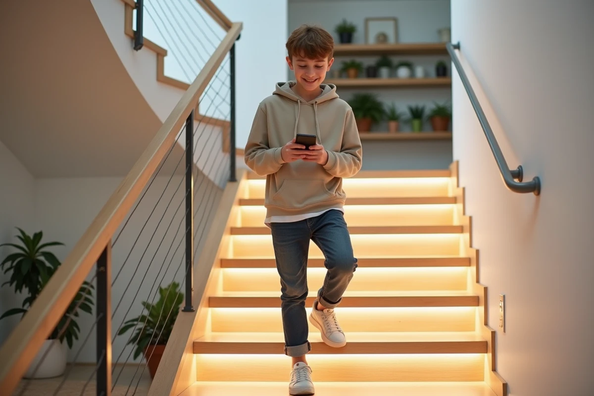 Adolescent souriant montant les escaliers lumineux dans la maison