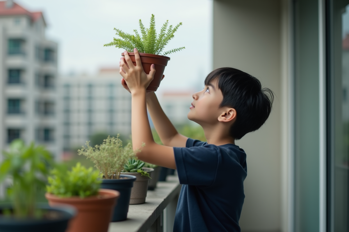 Jeune garçon tenant une plante sur un balcon urbain