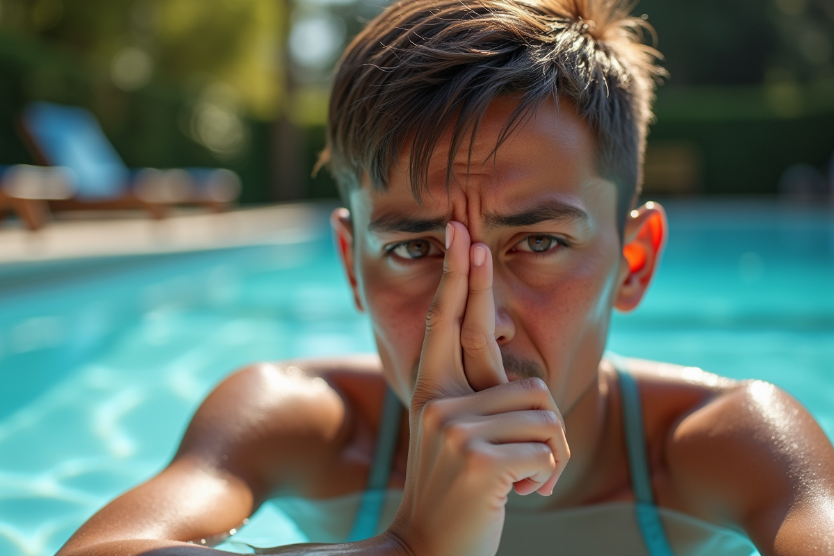 Adulte inquiet à côté de la piscine avec yeux irrités