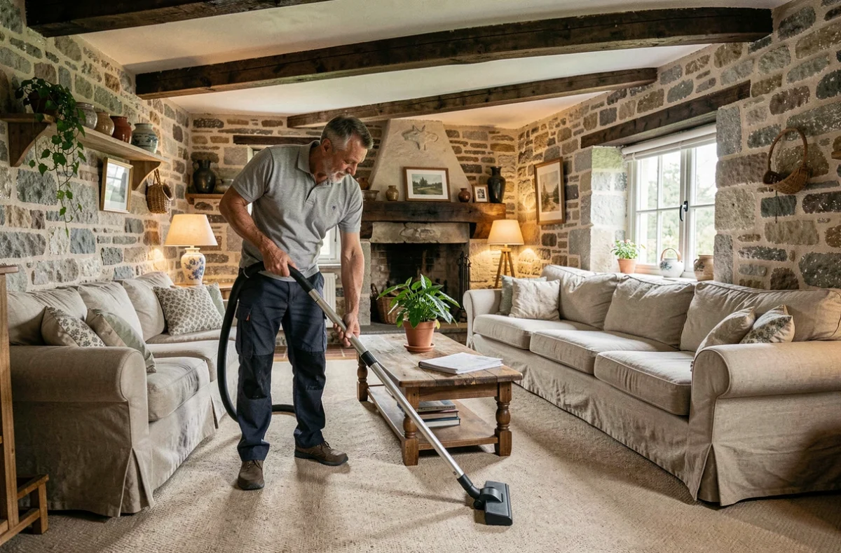 Agent de nettoyage masculin passant l'aspirateur dans le salon d'une maison traditionnelle bretonne