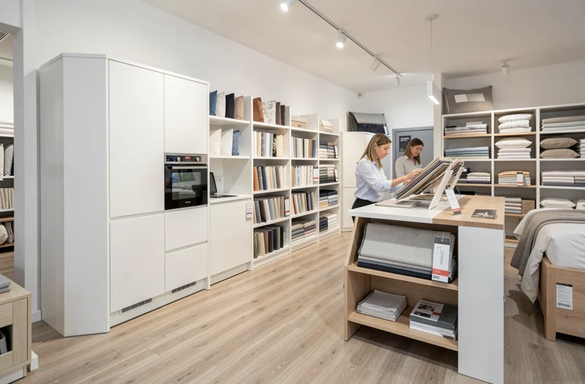 Intérieur du showroom Alençon Literie présentant une cuisine blanche et des échantillons de tissus
