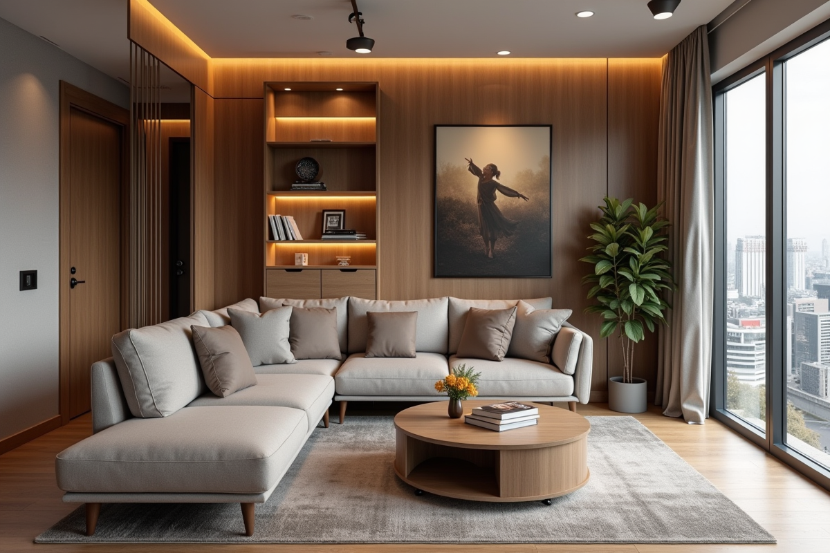 Petit appartement urbain avec mobilier créatif et éclairage