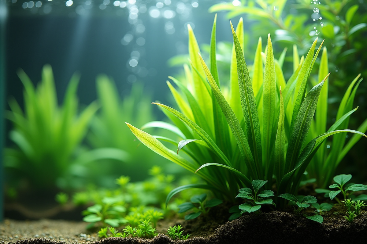 Aquarium intérieur avec plantes comme Vallisneria et Anacharis