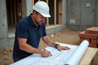 Architecte sur chantier de construction maison examinant des plans avec expression préoccupée