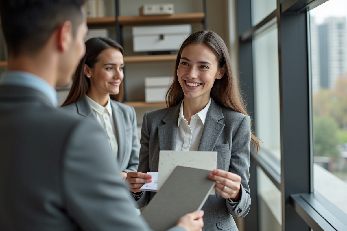 Jeune architecte montrant des échantillons de finition béton