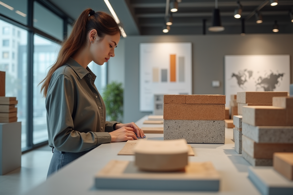 Architecte examine matériaux de construction en showroom