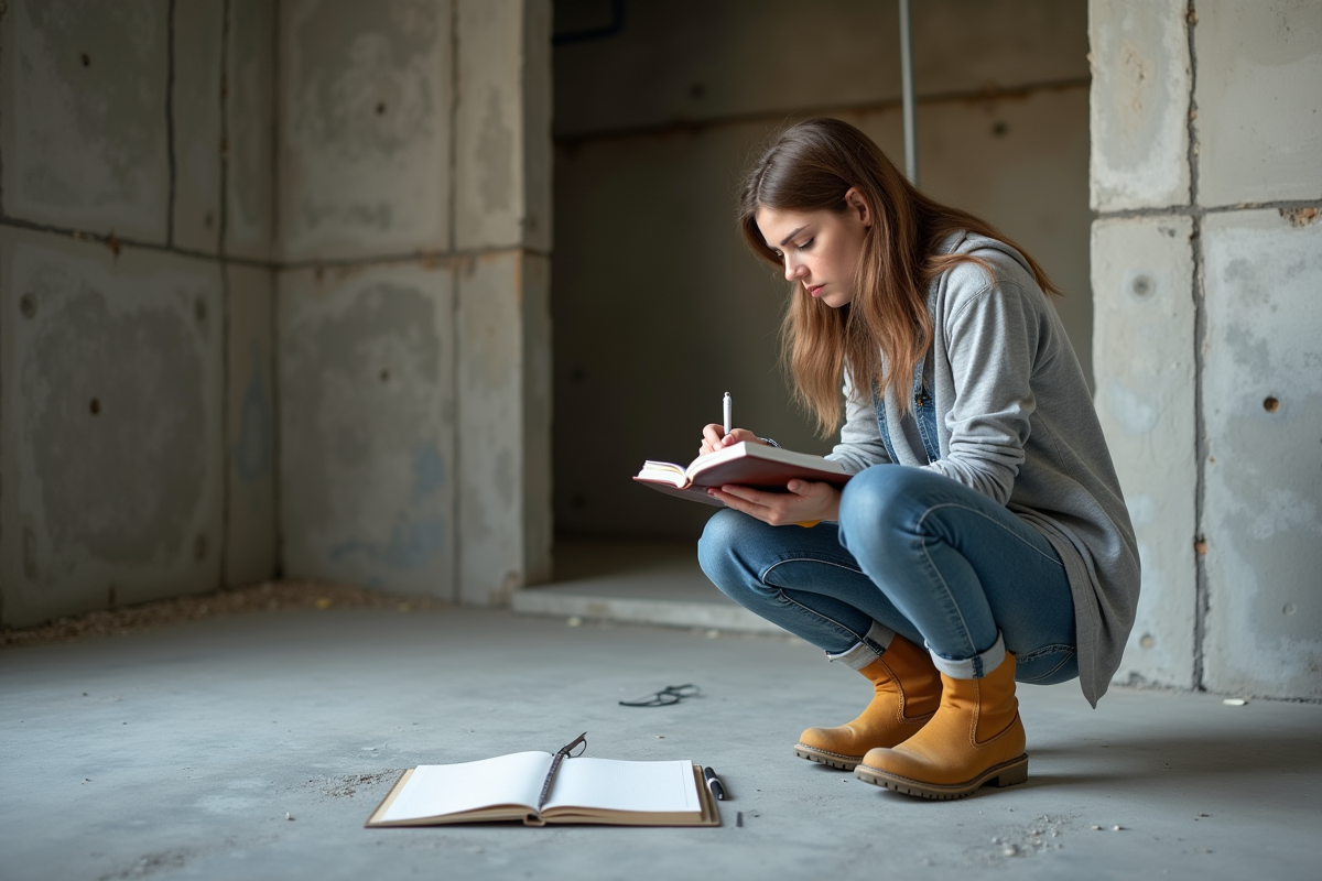 Jeune architecte vérifiant dalle en béton dans sous-sol