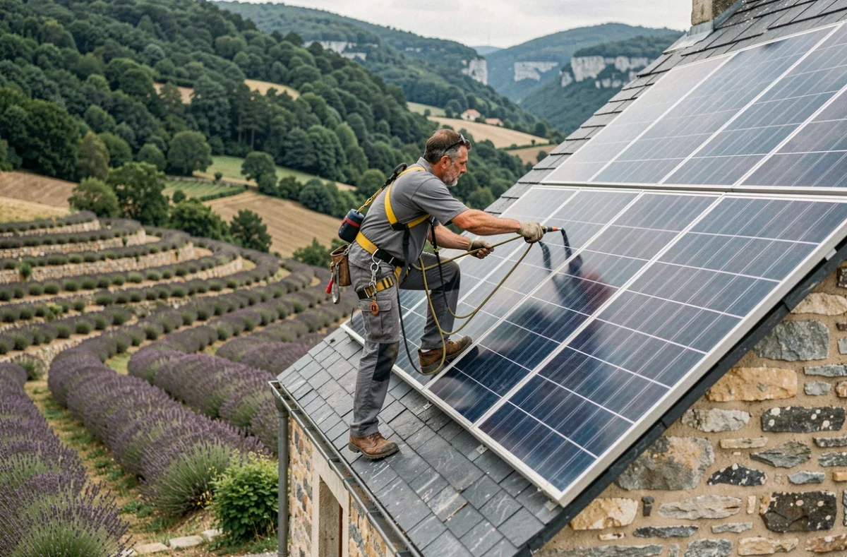Installateur d'Ardèche Solaire SARL Biennier Bruno posant des panneaux sur un toit en ardoise dans le paysage ardéchois