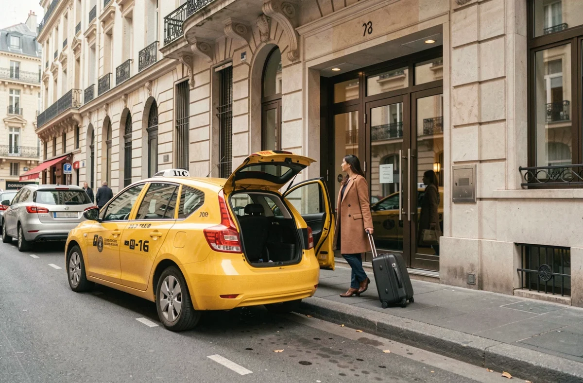Femme sortant d'un taxi meublé devant un immeuble parisien avec sa valise sur le trottoir