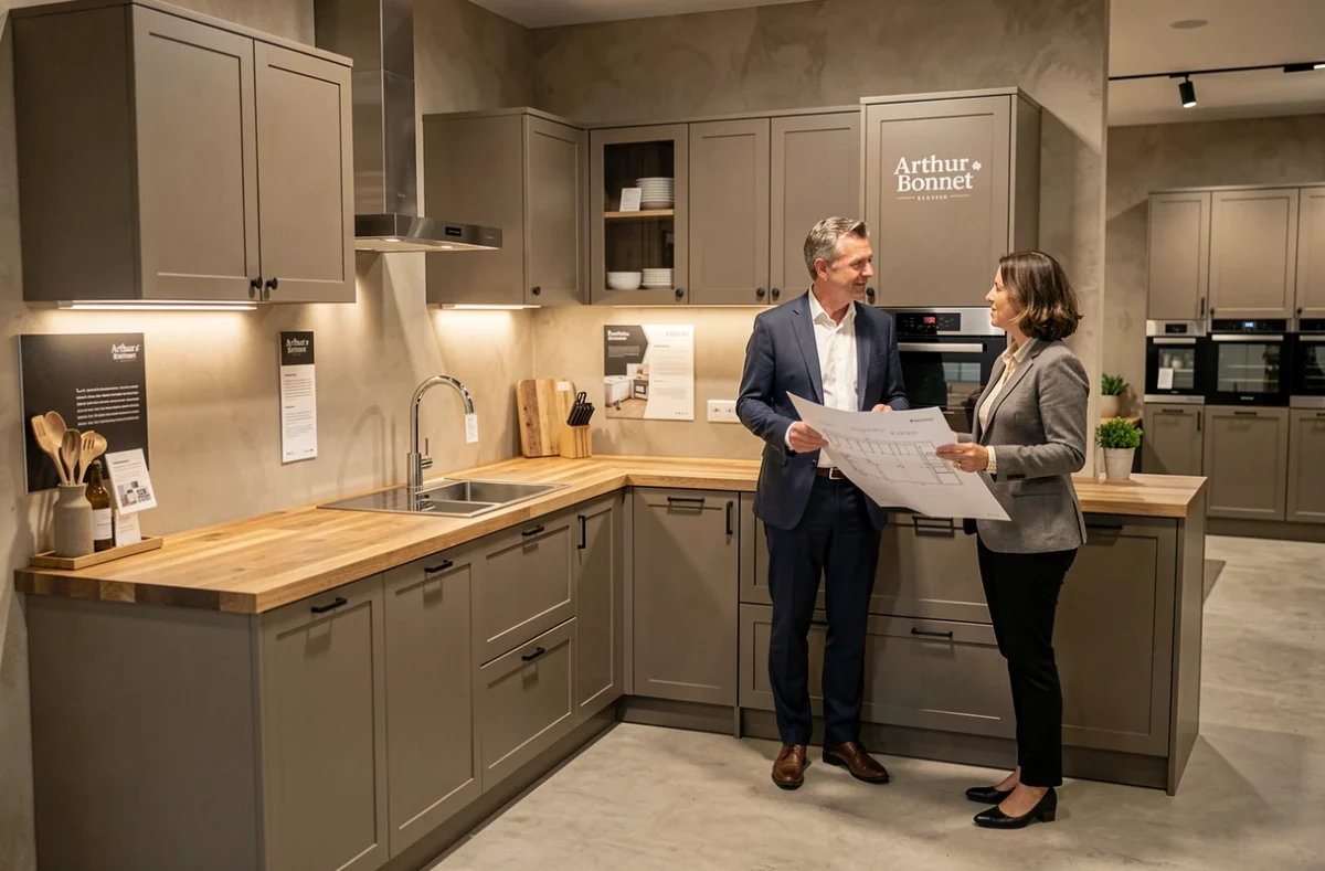 Cuisine Arthur Bonnet en taupe mat avec plan de travail en chêne présentée lors d'une consultation en showroom
