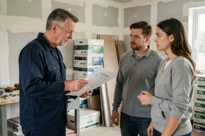 Artisan en uniforme de travail discutant d'un devis gratuit avec un couple de propriétaires dans une cuisine en rénovation