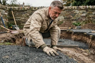 Artisan inspectant une surface en mâchefer lors d'une rénovation de jardin résidentiel