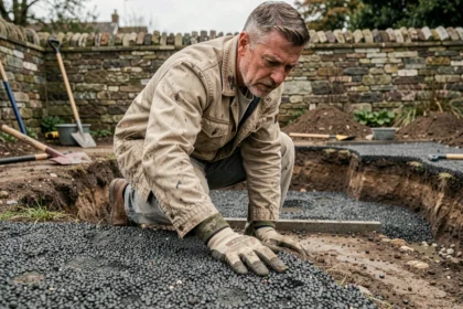 Artisan inspectant une surface en mâchefer lors d'une rénovation de jardin résidentiel