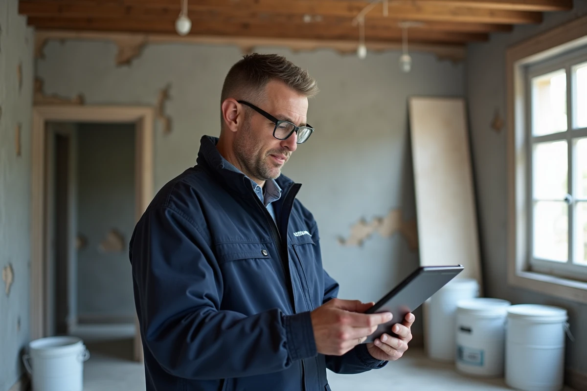Artisan entrepreneur consultant un logiciel de gestion de chantier de rénovation écologique sur tablette dans un appartement en travaux à Rillieux-la-Pape