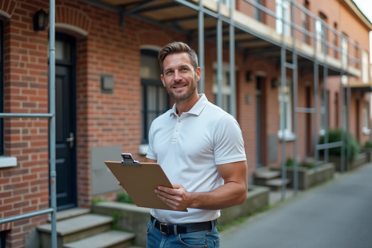 Artisan belge vérifie plans de renovation devant maison
