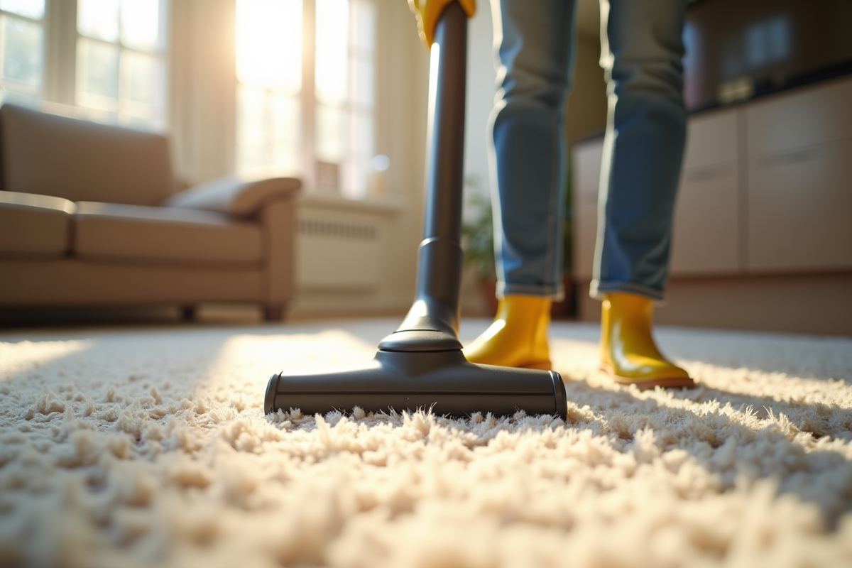 Personne utilisant un aspirateur sur un tapis pour enlever les poils de chat