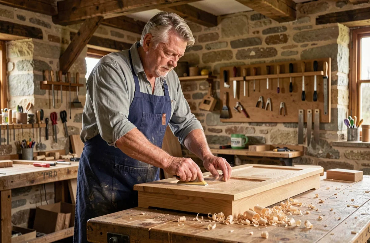 Artisan des Ateliers Goron dans son atelier normand travaillant sur un panneau de cuisine en chêne