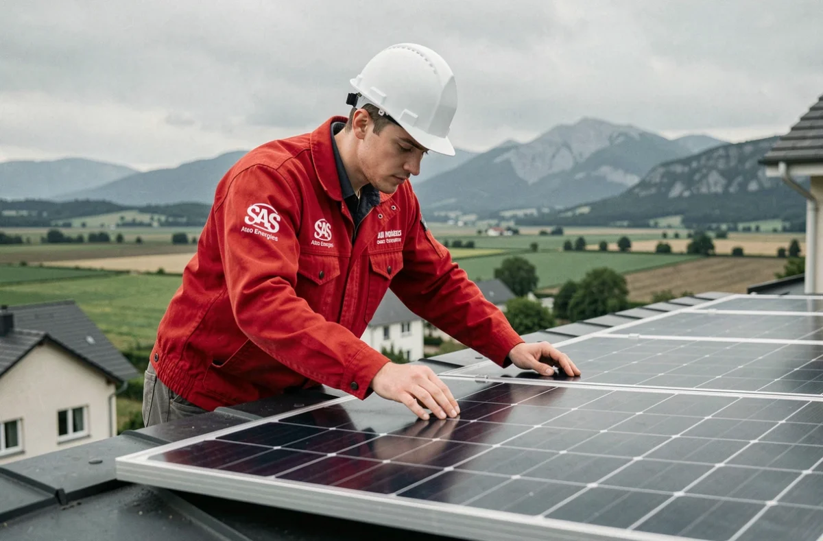 Installateur SAS Ateo Energies alignant un panneau solaire sur un toit neuf dans l'Ain avec le plateau de la Dombes en arrière-plan
