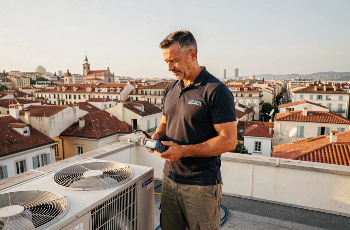 Technicien Azur Technique Climatisation Service effectuant une maintenance sur un toit à Nice