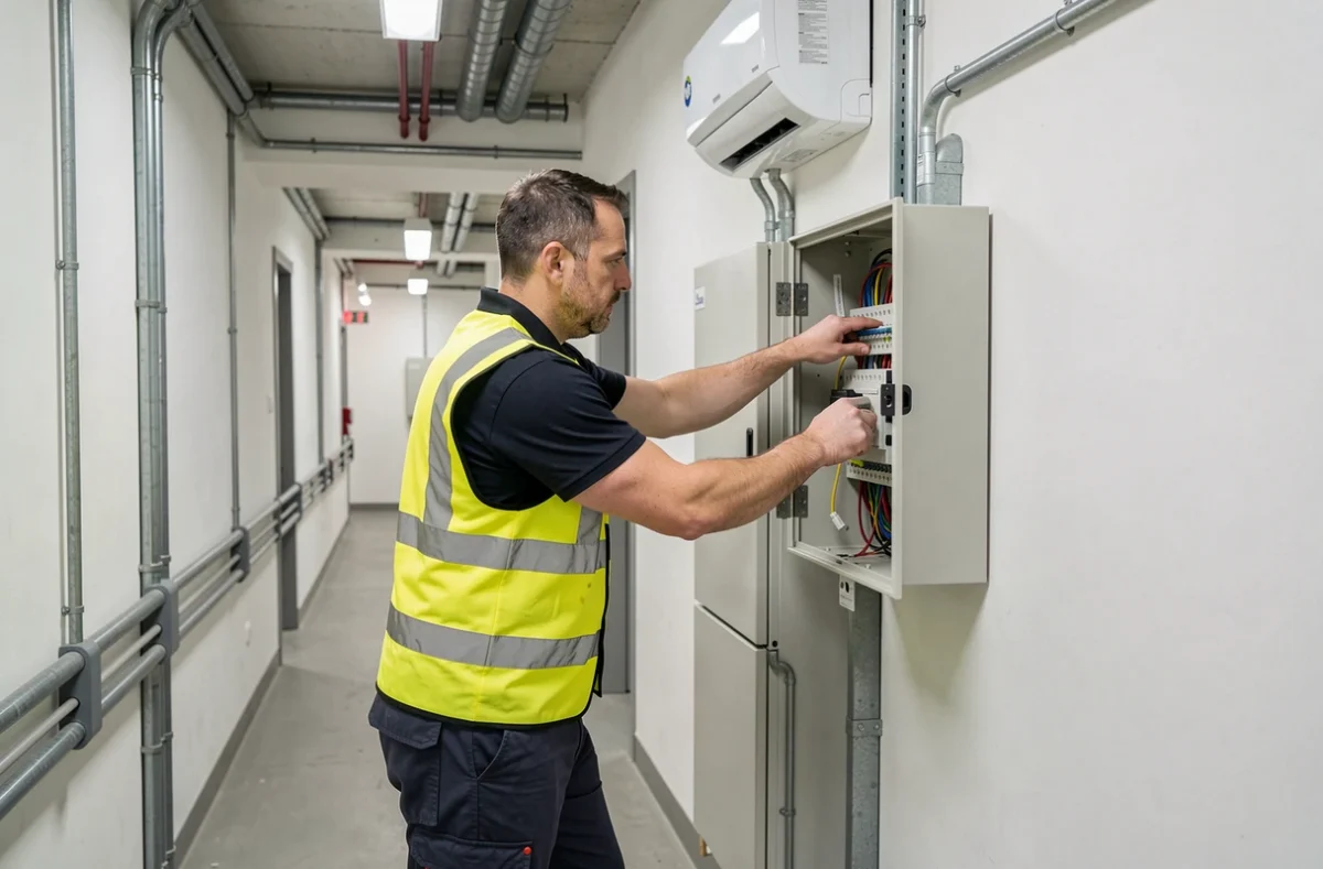 Technicien Azurelec Électricité Bâtiment raccordant un système de climatisation dans un bâtiment commercial