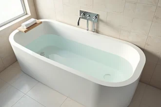 Baignoire îlot blanche en céramique partiellement remplie avec repère de niveau d'eau visible pour économiser l'eau