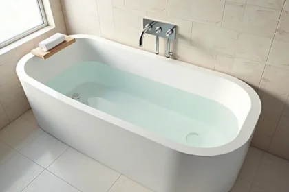 Baignoire îlot blanche en céramique partiellement remplie avec repère de niveau d'eau visible pour économiser l'eau
