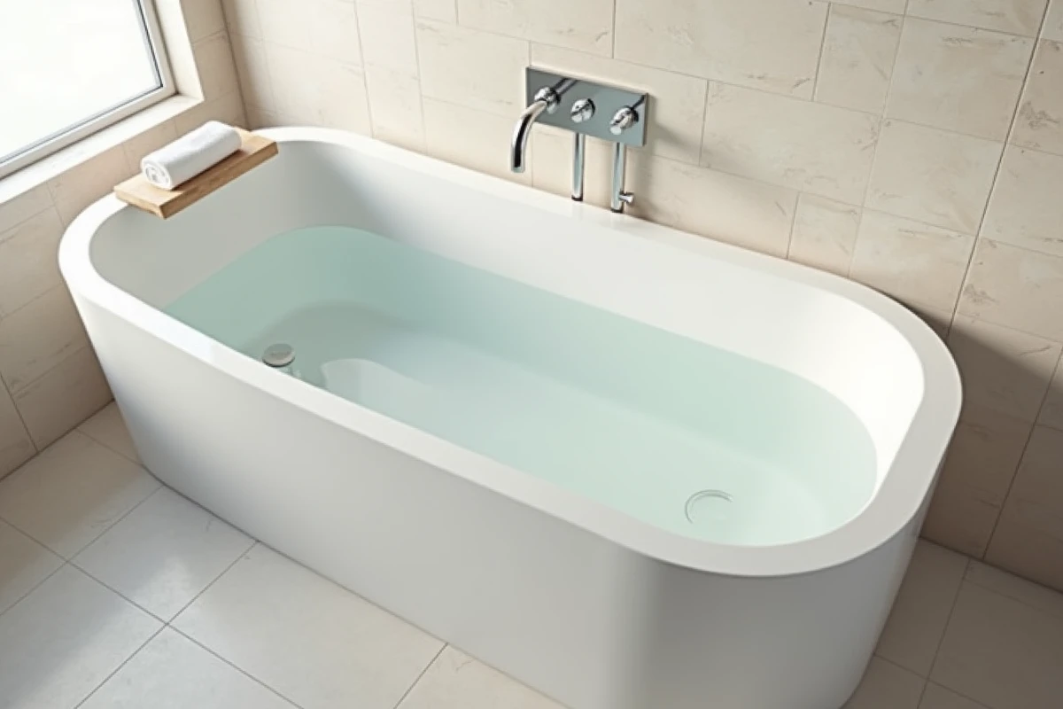 Baignoire îlot blanche en céramique partiellement remplie avec repère de niveau d'eau visible pour économiser l'eau