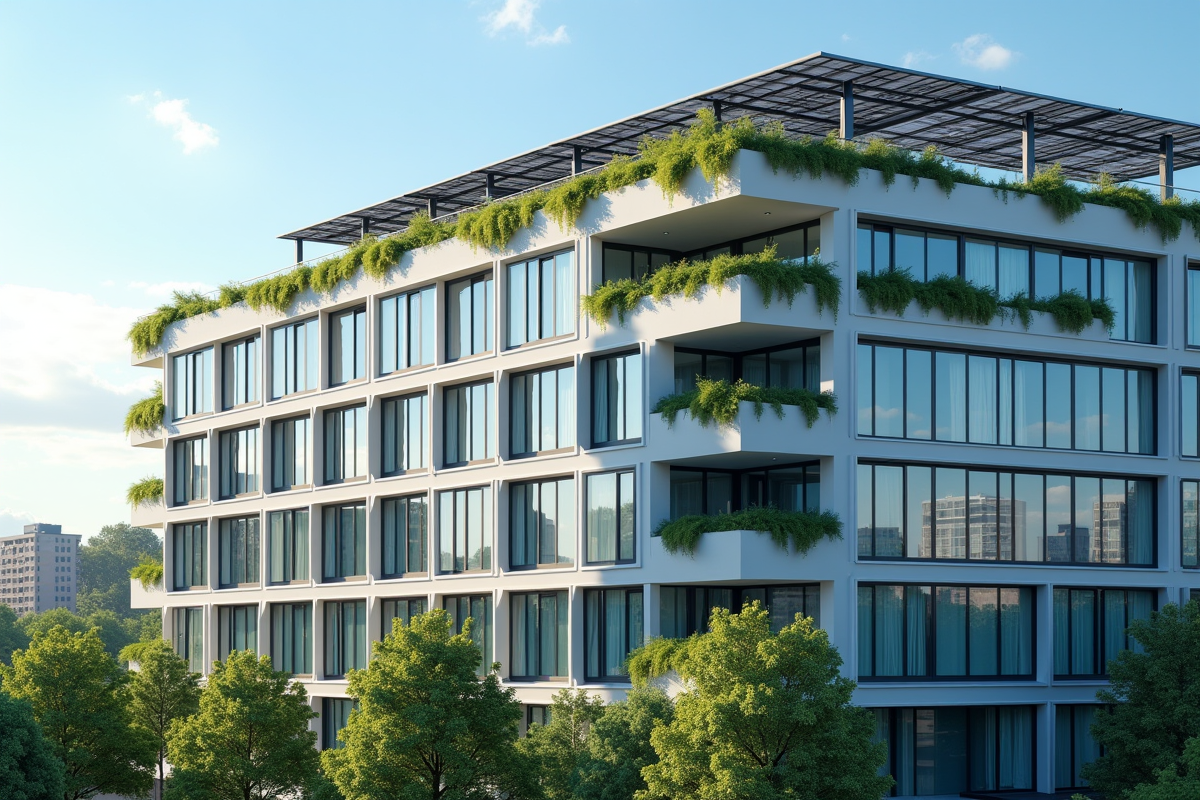 Bâtiment moderne avec panneaux solaires et plantes