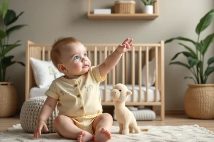Bebe fille dans un berceau safari decor&eacute; naturel