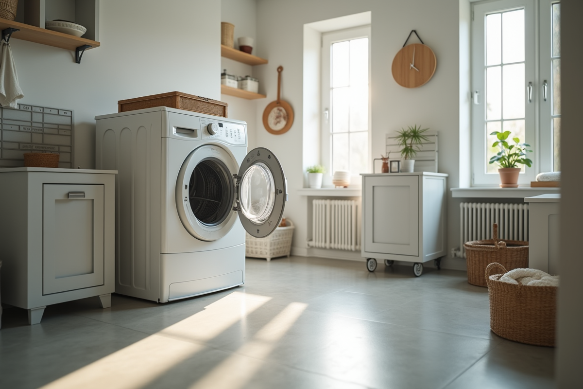 Buanderie moderne avec sèche-linge pompe à chaleur et propriétaire inspectant le filtre