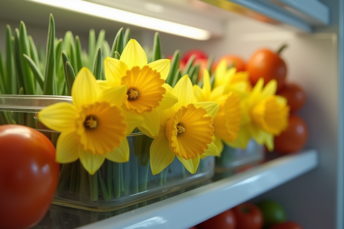 Bulbes de jonquilles rangés dans un réfrigérateur avec des produits frais