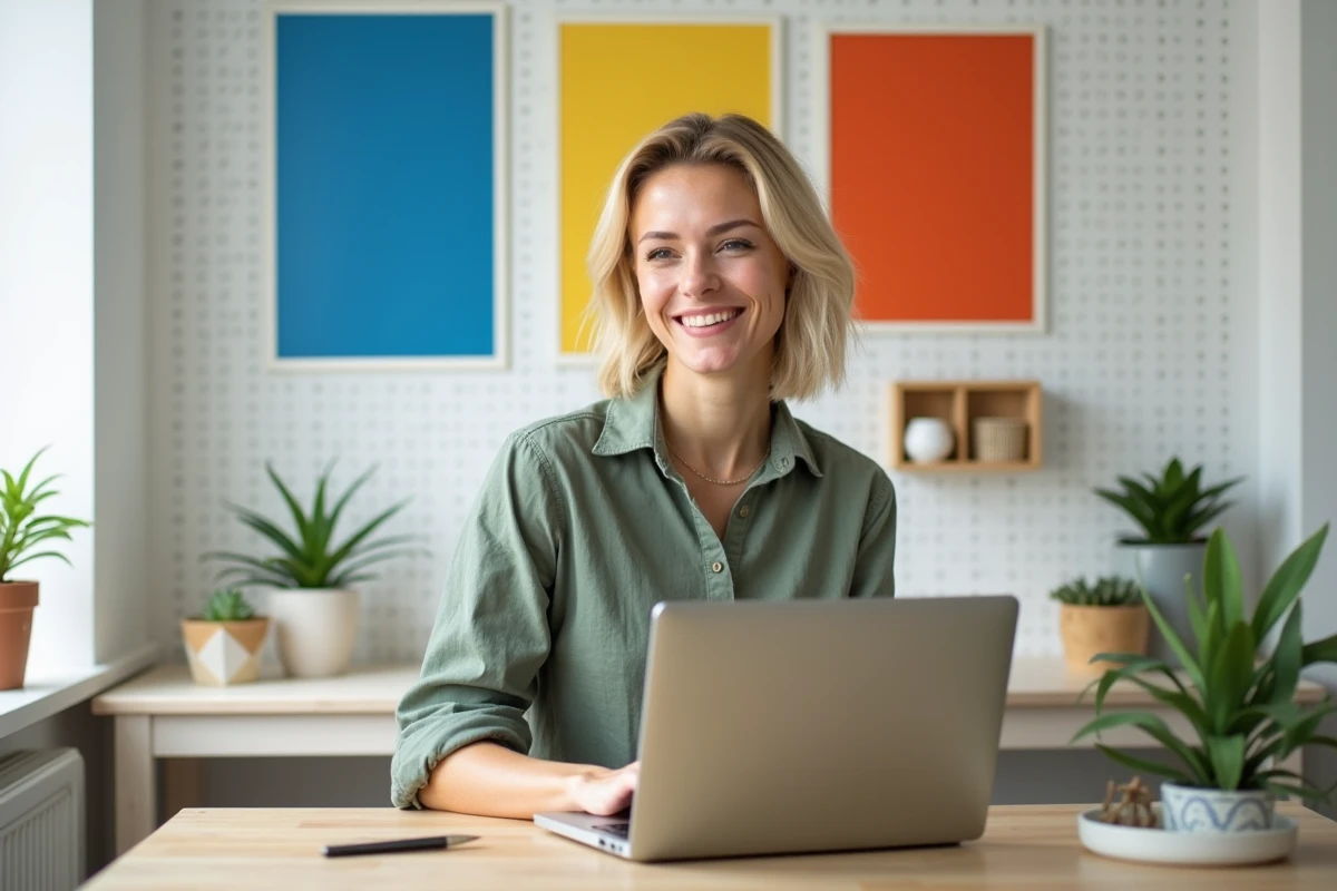 Femme travaillant dans un bureau scandinave épuré décoré d'affiches pop colorées et d'accessoires en bois naturel