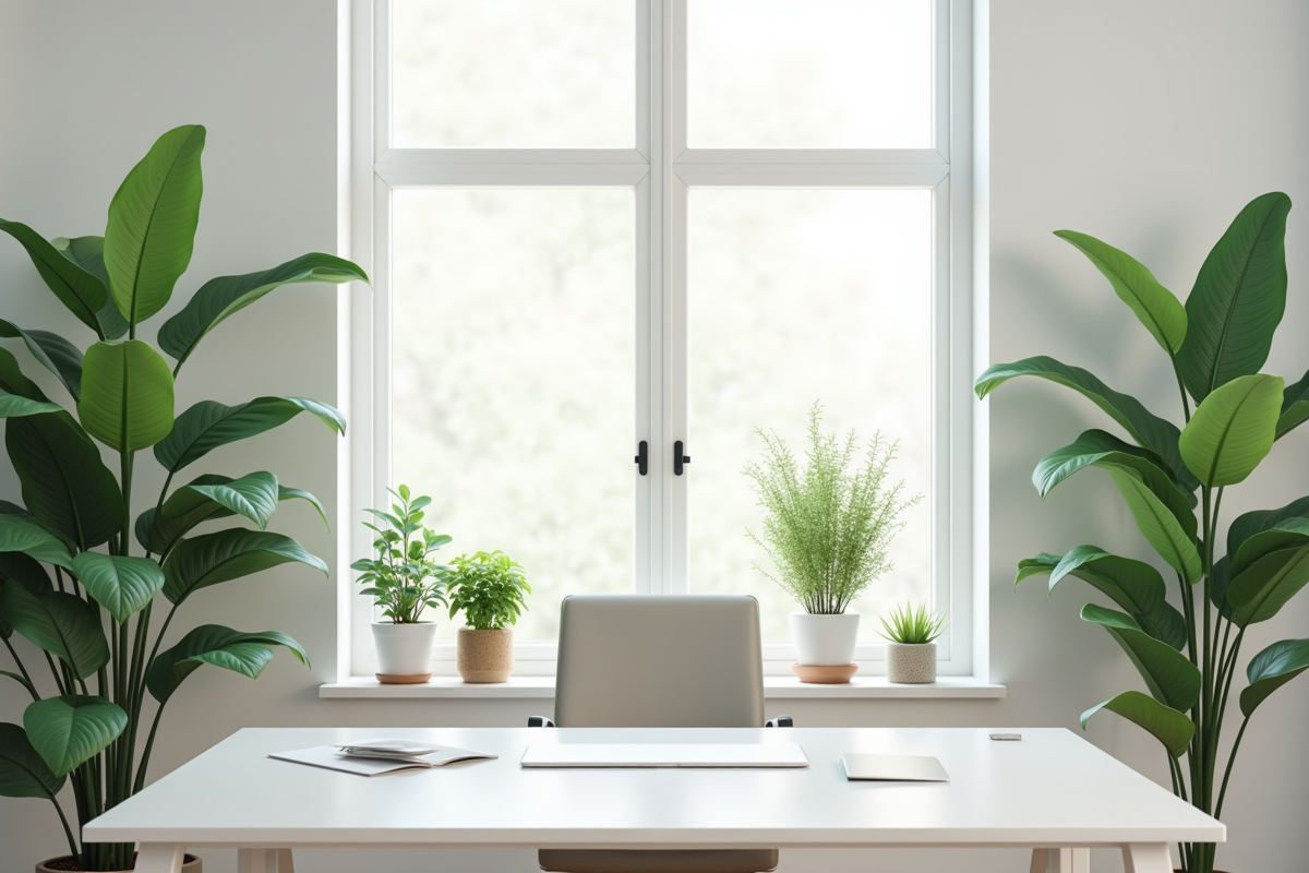 Bureau minimaliste avec plantes vertes et lumière naturelle