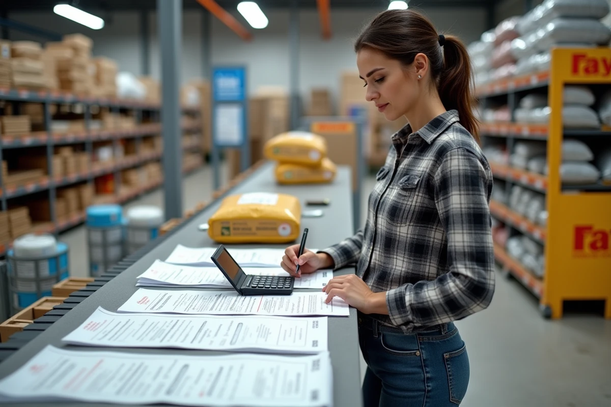 Femme calculant le budget d'une palette de sacs de ciment de 25 kg dans un magasin de bricolage
