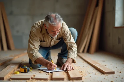 Artisan mesurant des lames de parquet avec un mètre ruban pour calculer les mètres linéaires en m2