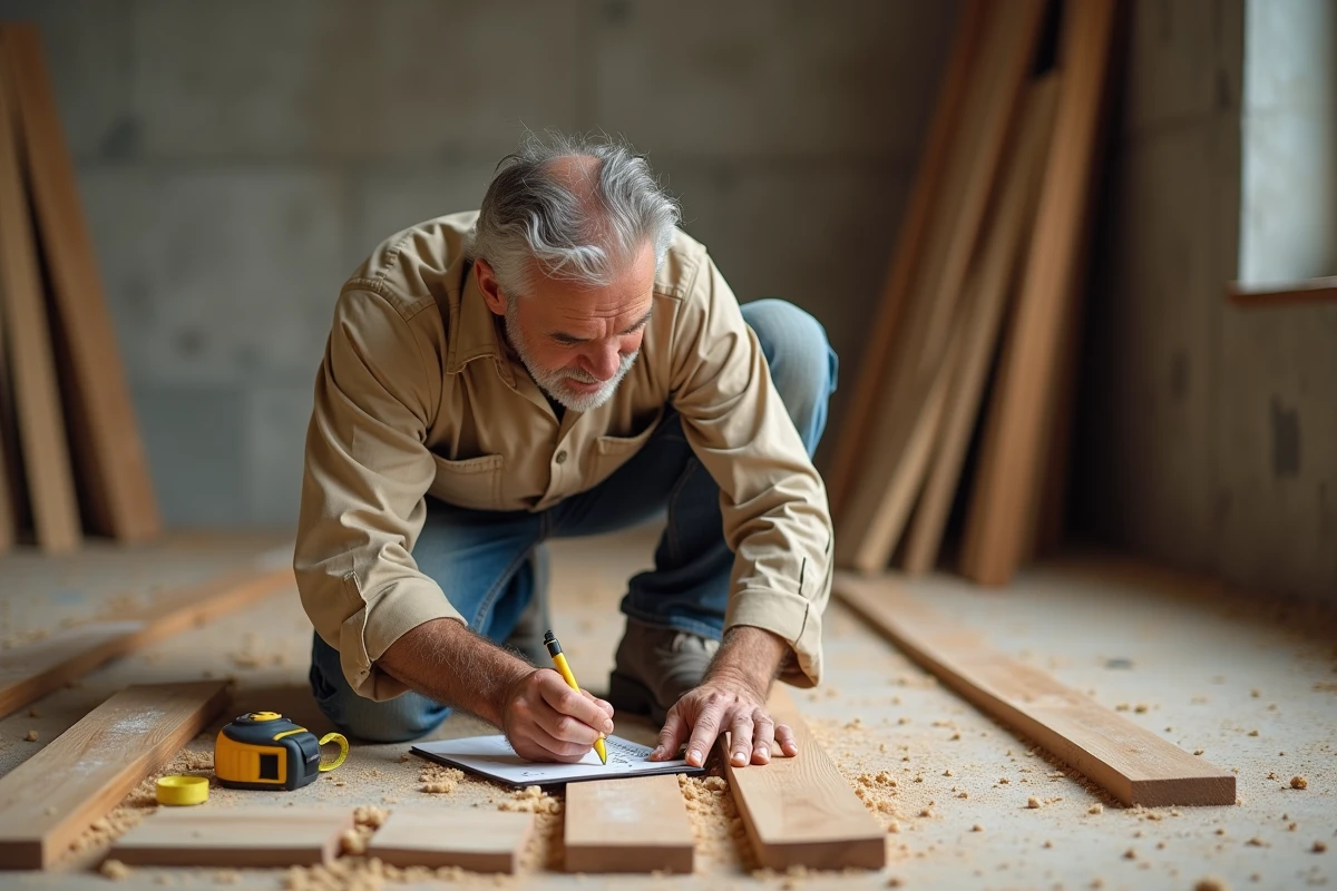 Artisan mesurant des lames de parquet avec un mètre ruban pour calculer les mètres linéaires en m2