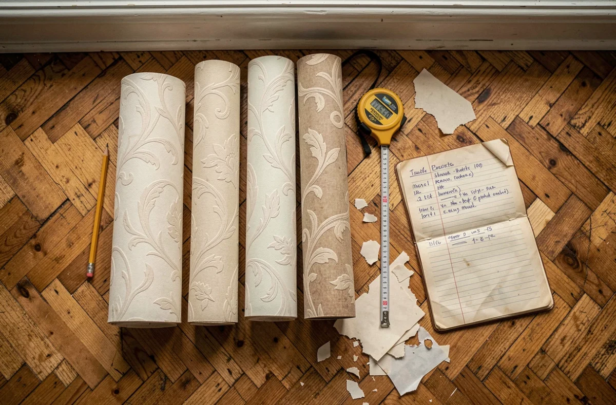 Vue de dessus de rouleaux de papier peint déroulés avec chutes de découpe, mètre ruban et calculs manuscrits pour estimer la quantité nécessaire pour 10m2