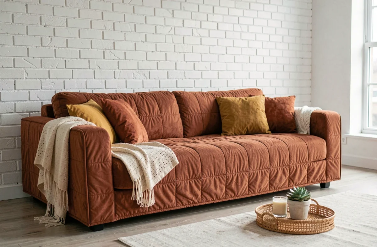 Canapé clic clac transformé par une housse matelassée terracotta dans un salon moderne et décoré