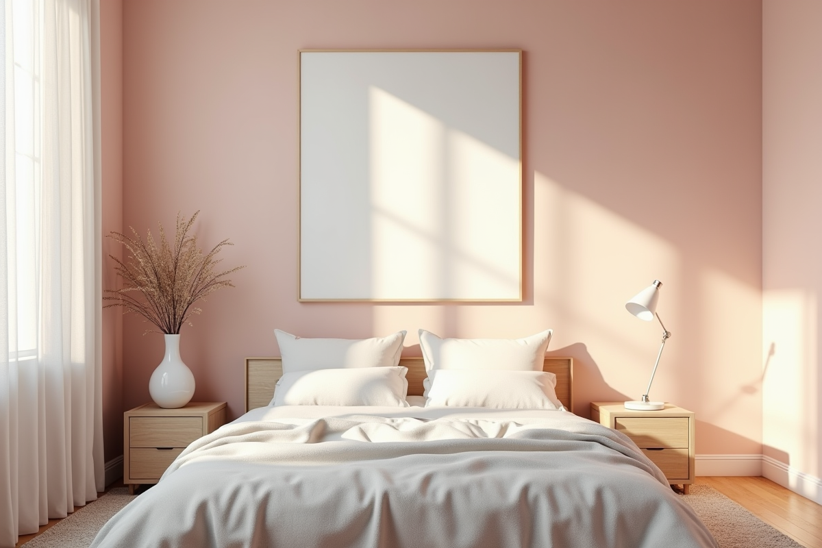 Chambre chaleureuse avec tableau au mur pastel et lit minimaliste
