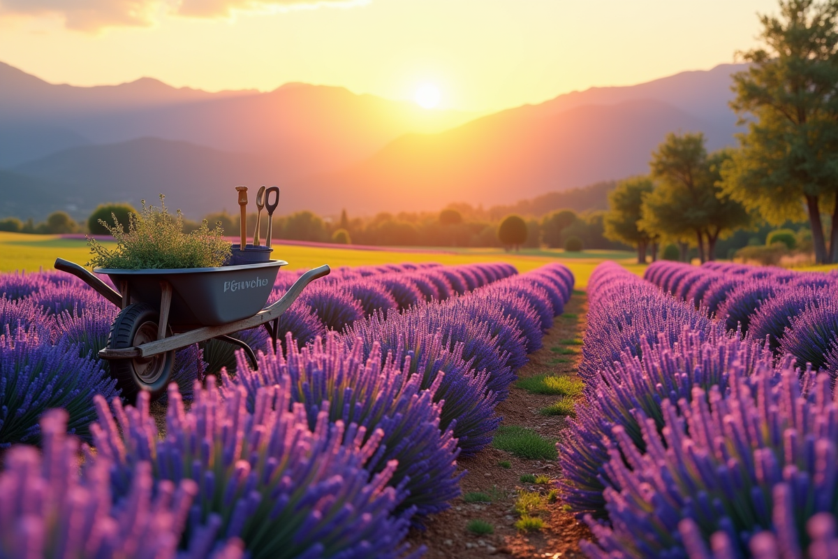 Champ de lavande en fleurs au coucher du soleil avec montagnes