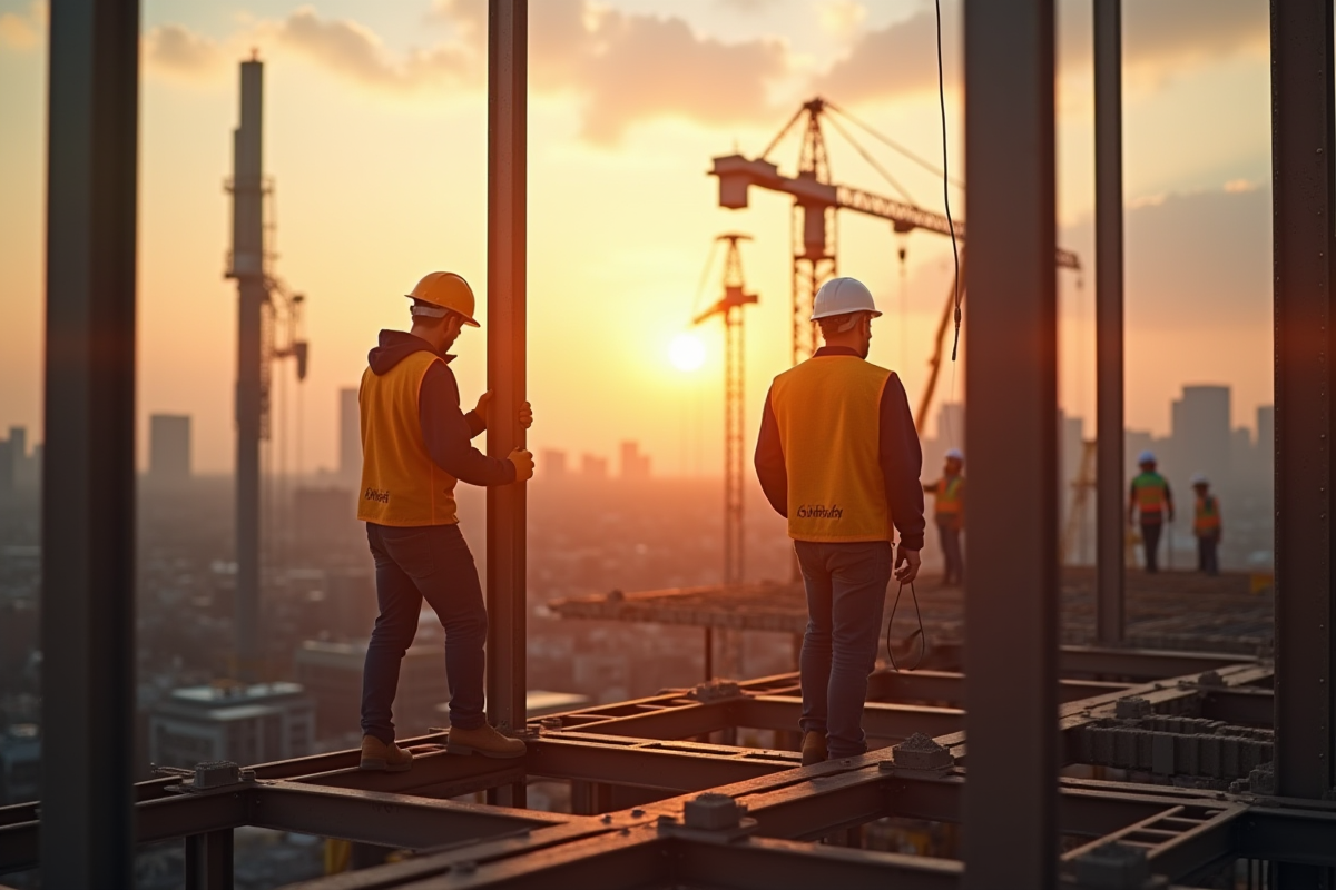 Chantier urbain moderne avec ouvriers et gruttes au lever du soleil