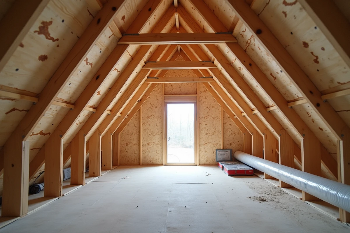 Charpente de toiture avec bastaings parallèles visibles depuis l'intérieur d'un grenier en construction