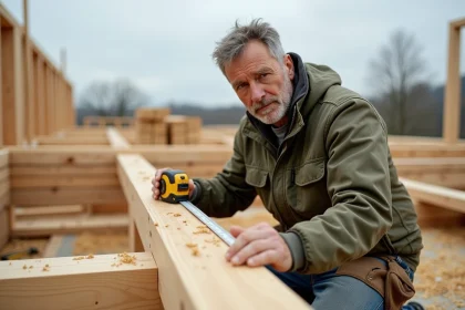Charpentier mesurant un bastaing en bois sur une toiture en cours de construction