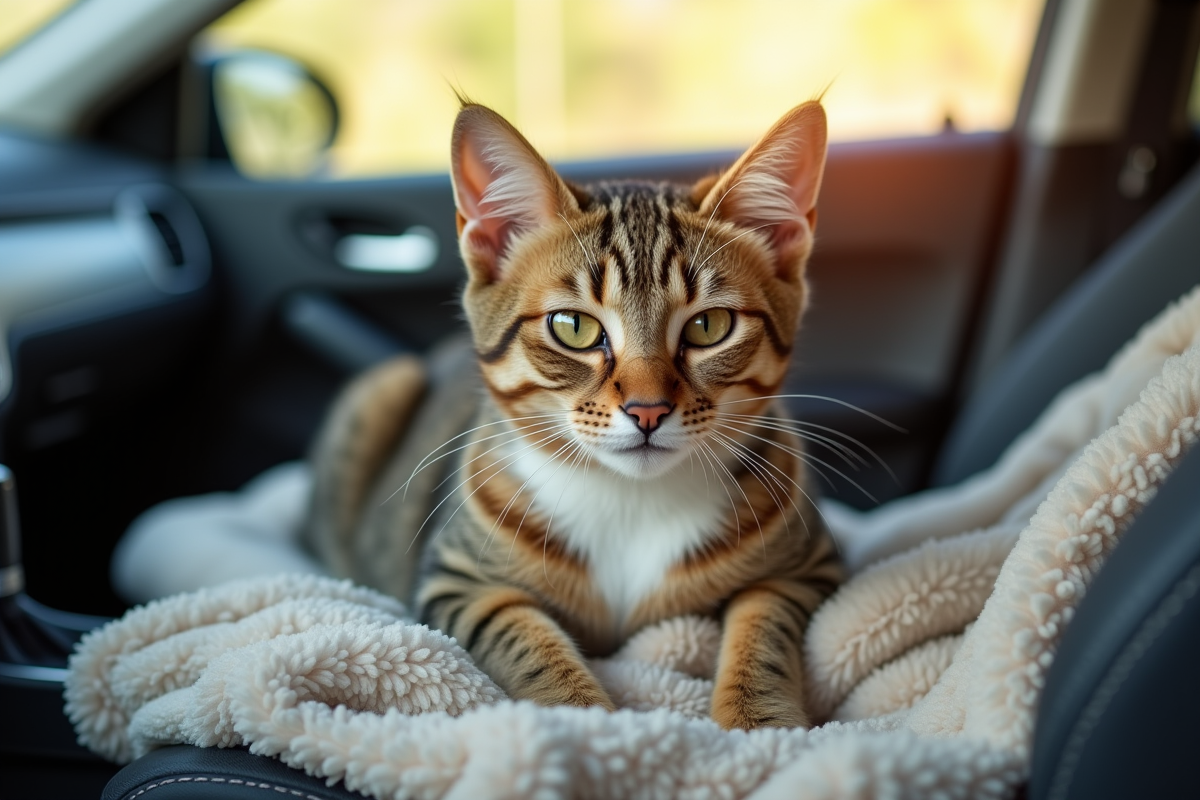 Chat domestique détendu dans une voiture sur une couverture