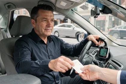 Chauffeur de taxi remettant un reçu de course à un passager avec le taximètre visible sur le tableau de bord