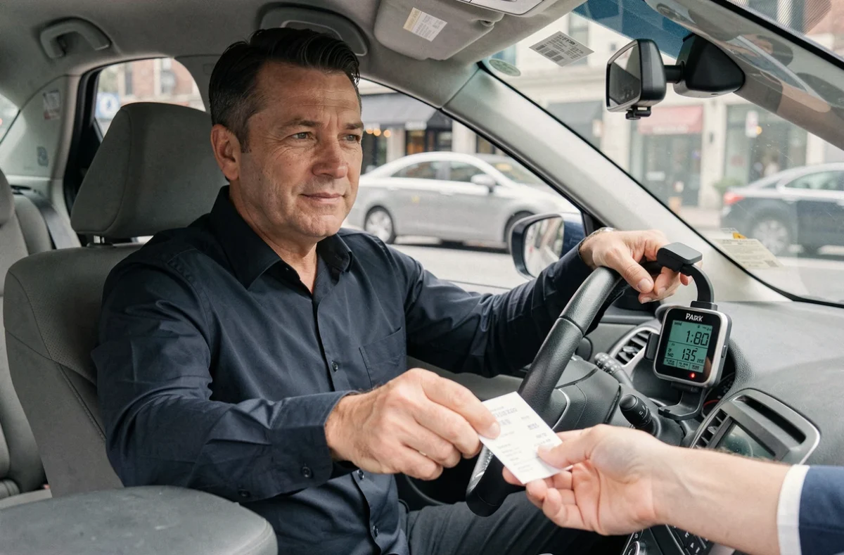 Chauffeur de taxi remettant un reçu de course à un passager avec le taximètre visible sur le tableau de bord