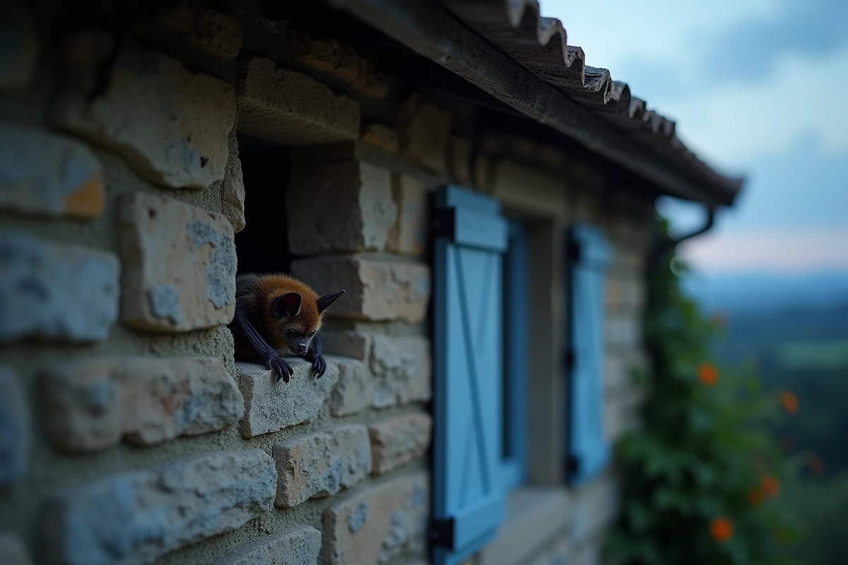 Chauve-souris nichée sous les avant-toits en bois d'une maison en pierre de style provençal au crépuscule