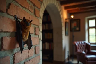 Chauve-souris accrochée à un mur en brique à l'intérieur d'une maison rustique aux poutres en bois