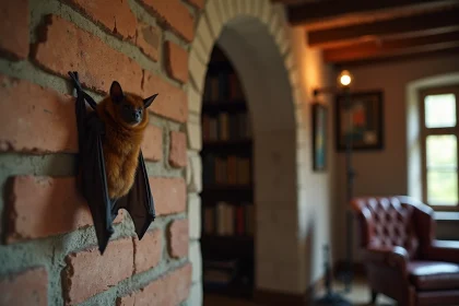 Chauve-souris accrochée à un mur en brique à l'intérieur d'une maison rustique aux poutres en bois